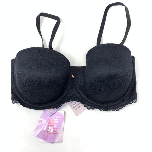 Savage X Fenty Bra Women's Sz 36DD Floral Lace Strapless With X Charm Black NEW - Picture 1 of 6